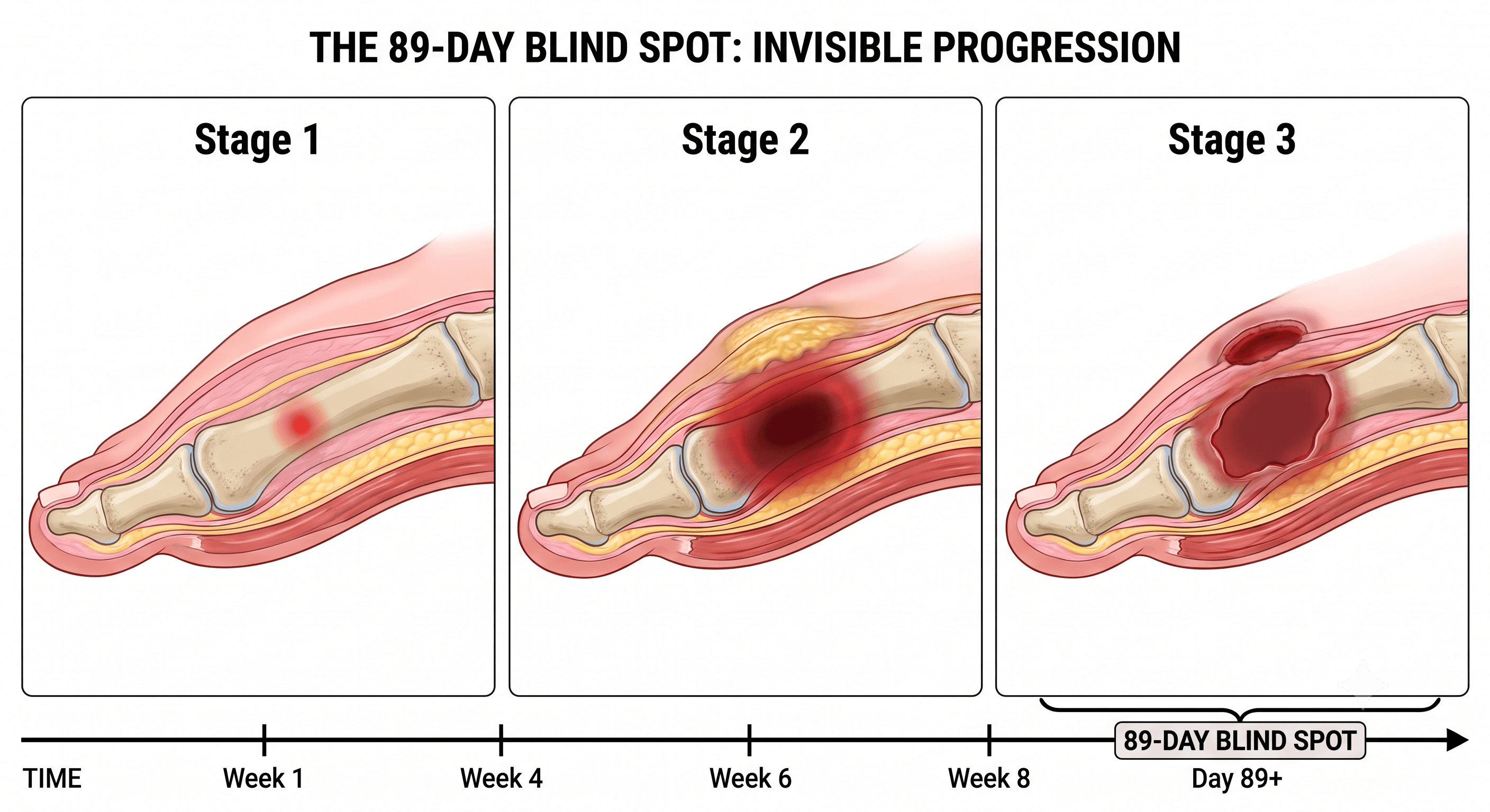 Detailed medical diagram illustrating the invisible tissue stress and ulcer progression within the 89-day blind spot between clinic visits, compared to the exterior foot appearance