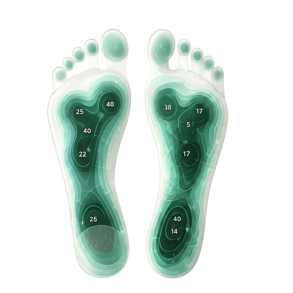 Foot pressure heatmap with live pressure readings showing 38.2kPa at heel