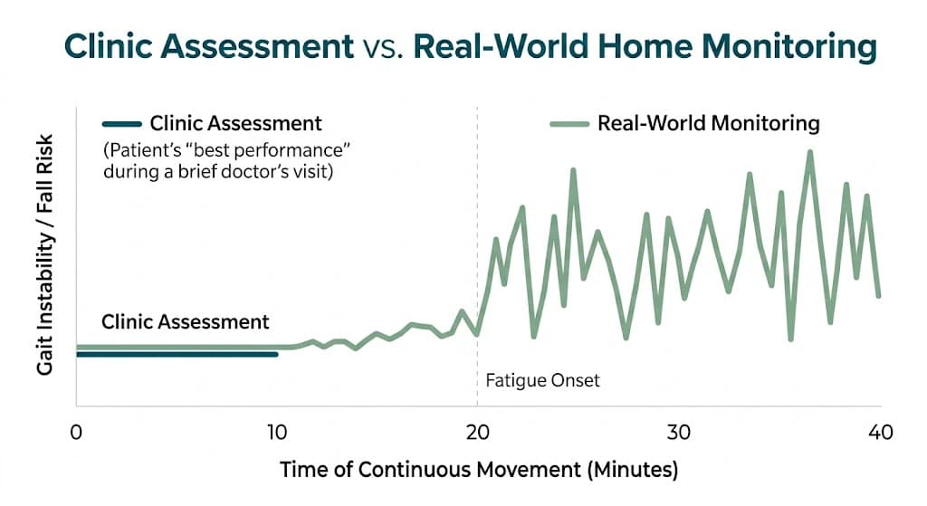 Line graph comparing stable 10-minute clinic assessments with real-world monitoring that reveals hidden fatigue over time