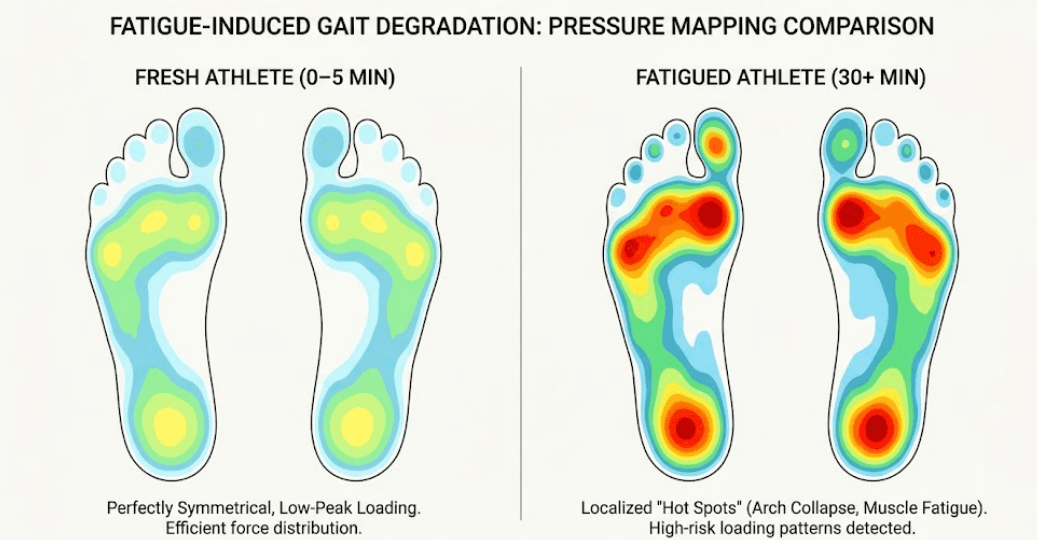 Fatigue-induced gait degradation showing pressure mapping comparison between a fresh and fatigued athlete