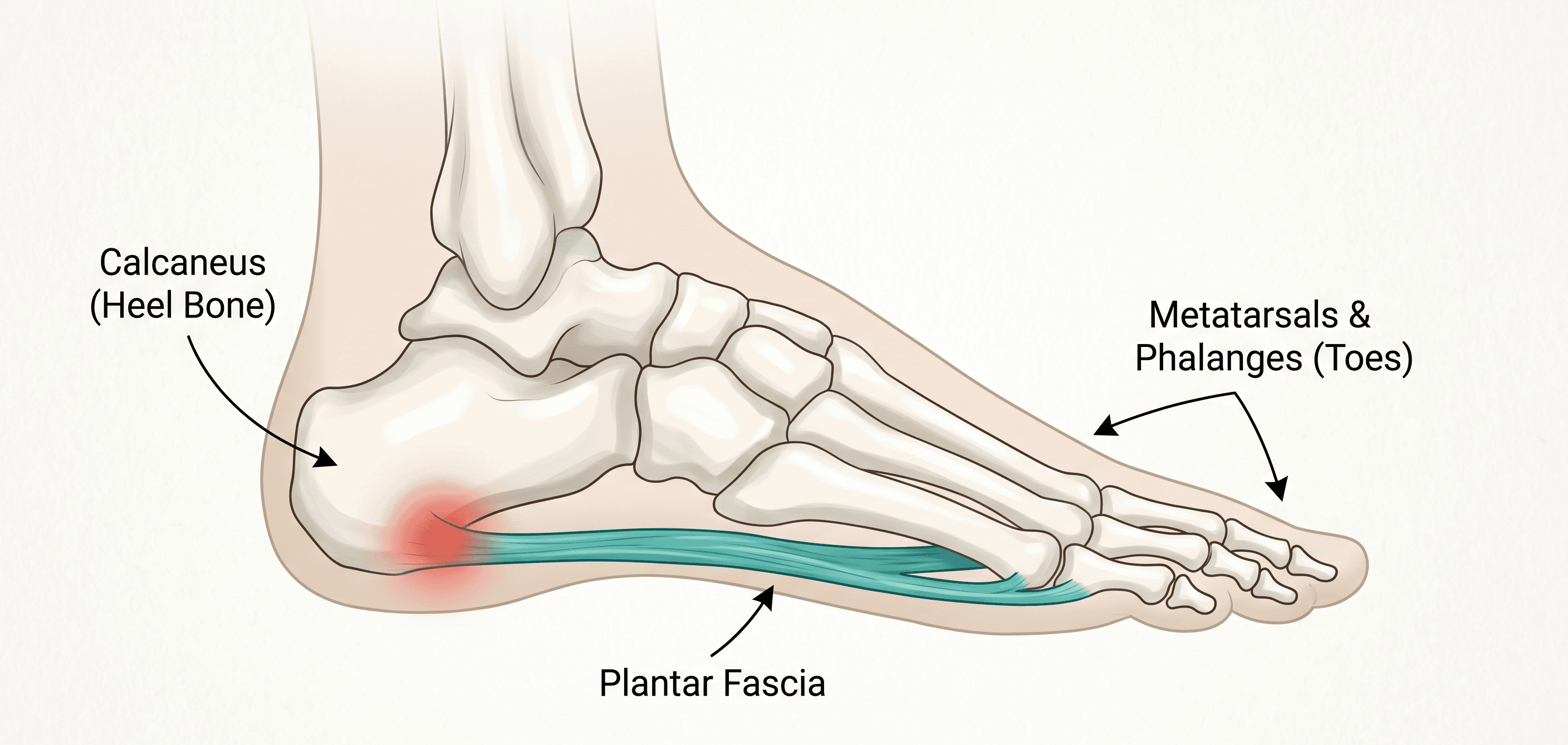 Diagram showing the plantar fascia band connecting the heel bone to the toes